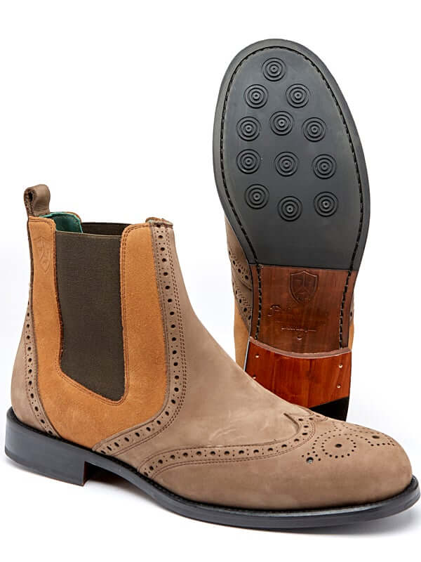 Luxury two tone suede Chelsea boot with signature field and Moor green lining. Handcrafted in italy
