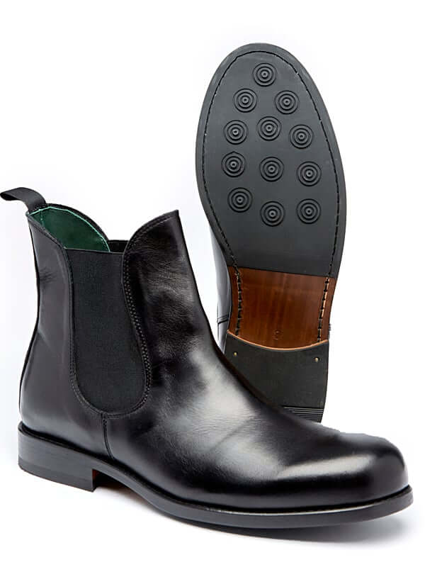 Black Leather Chelsea Boot with luxury green signature lining. Bespoke handcrafted design