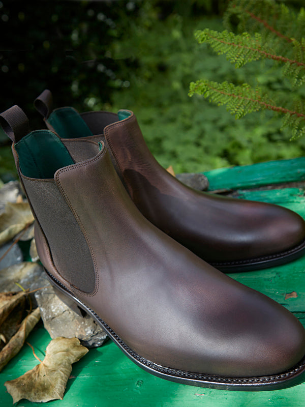 Falcon - Chelsea Boot in Brown Leather. Designed for longevity, fashion and comfort. Handcrafted in Italy and designed in Britain. Signature Field and Moor green lining.