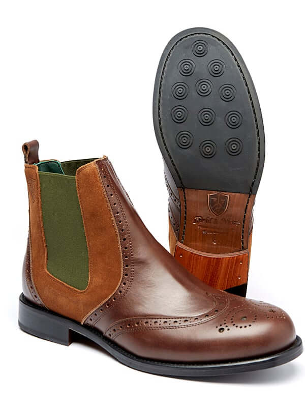 Luxury brown dealer boot with bespoke two tone design. Signature field and Moor green lining and handcrafted construction.