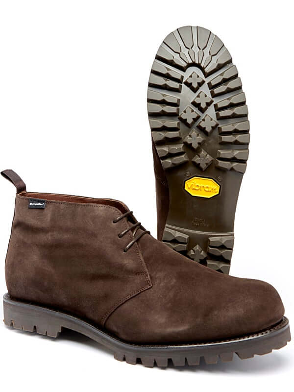 Handcrafted chukka boot in suede. Ideal for hiking, construction and mountaineering with vibram sole unit. Leather lined for durability and comfort
