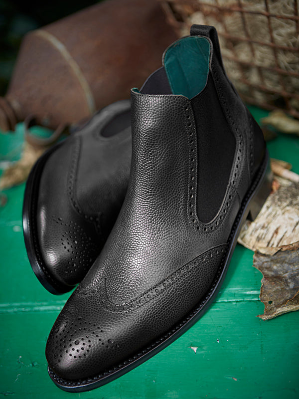 Owl - Chelsea Brogue Dealer Boot in Black Grain Leather